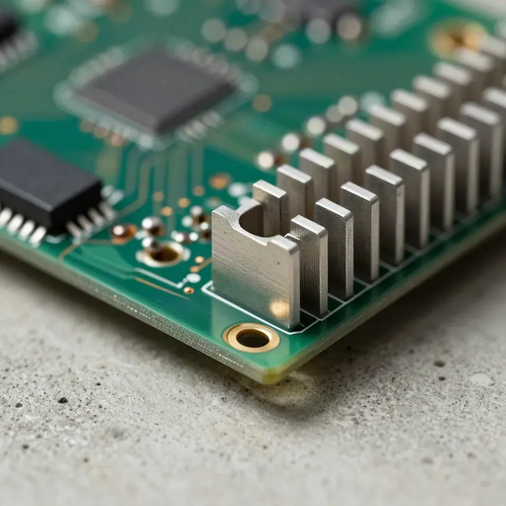 Circuit board corner with aluminum standoffs and heat-sink fins on pale concrete, lit by cobalt glint.