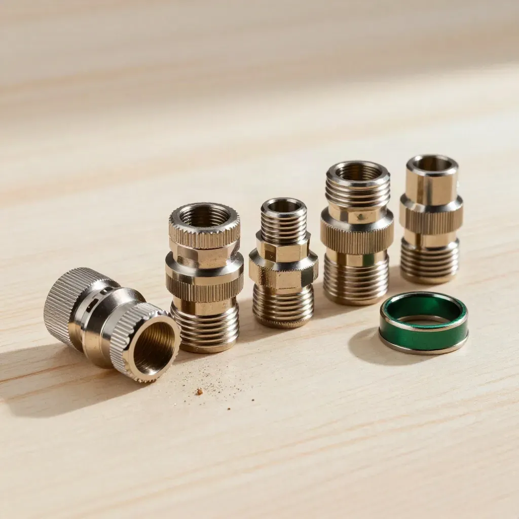 Coax fittings and machined rings arranged on pale wood under soft daylight.