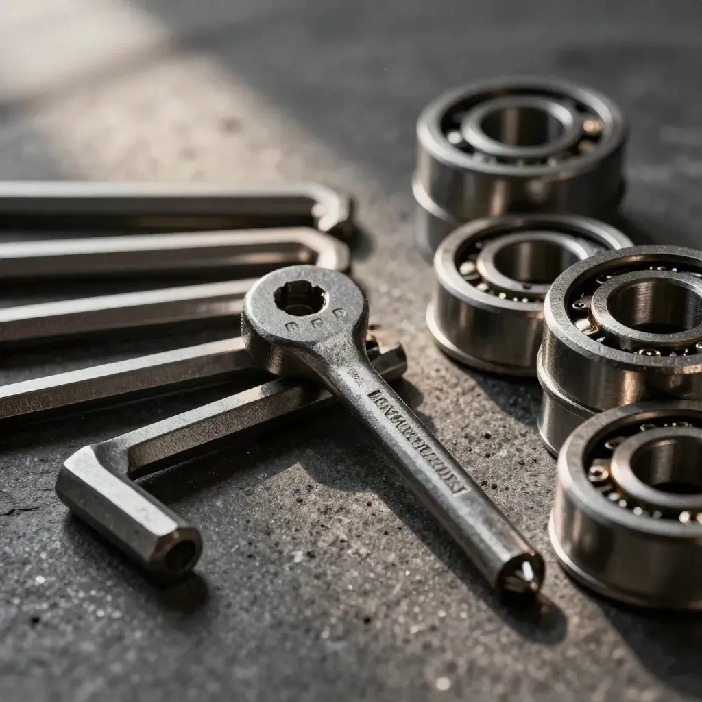 Graphite hex keys, torque wrench head, and bearing housings on dark stone in macro detail.