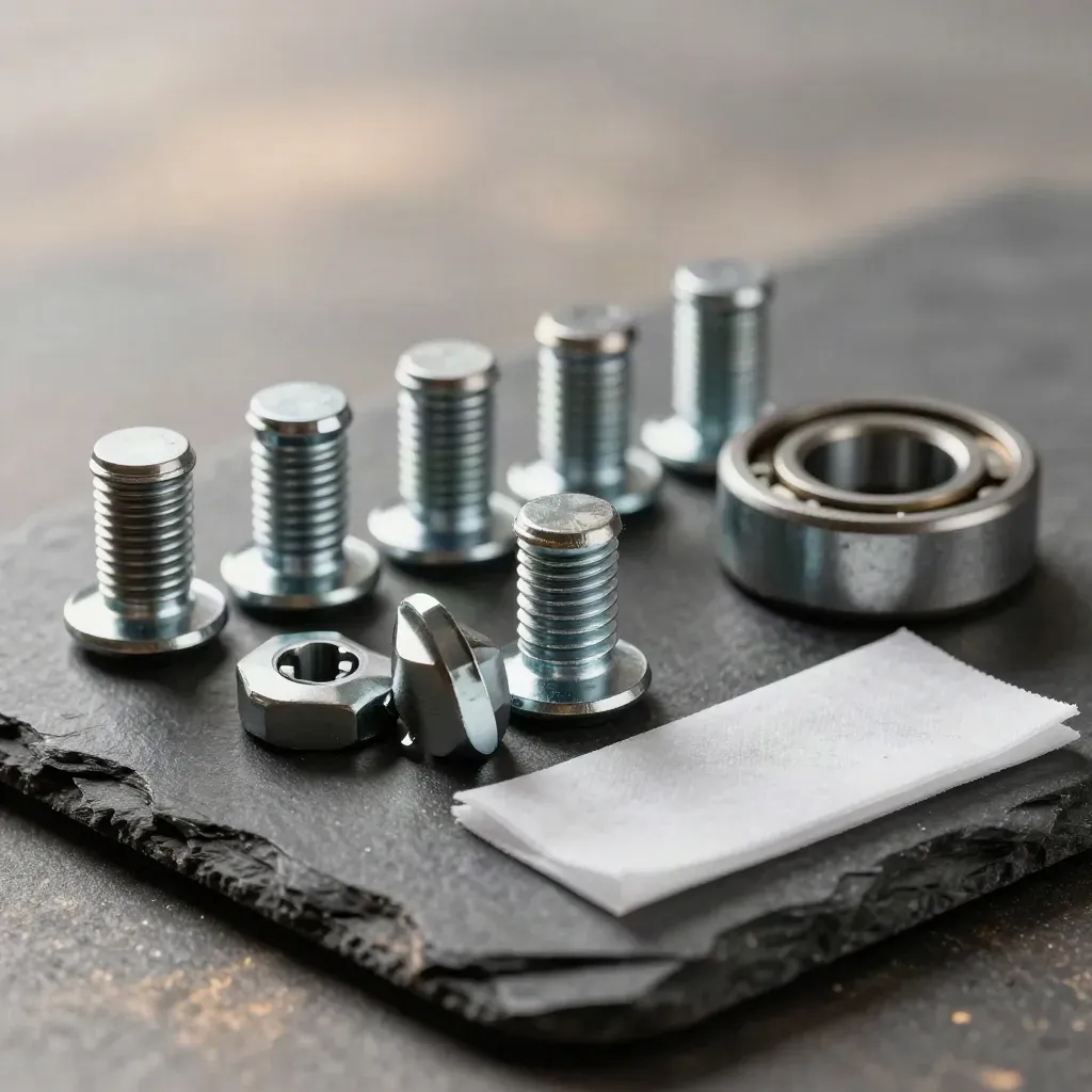 Matte steel fasteners, bearing cup, and anti-static wipe on slate in macro close-up.