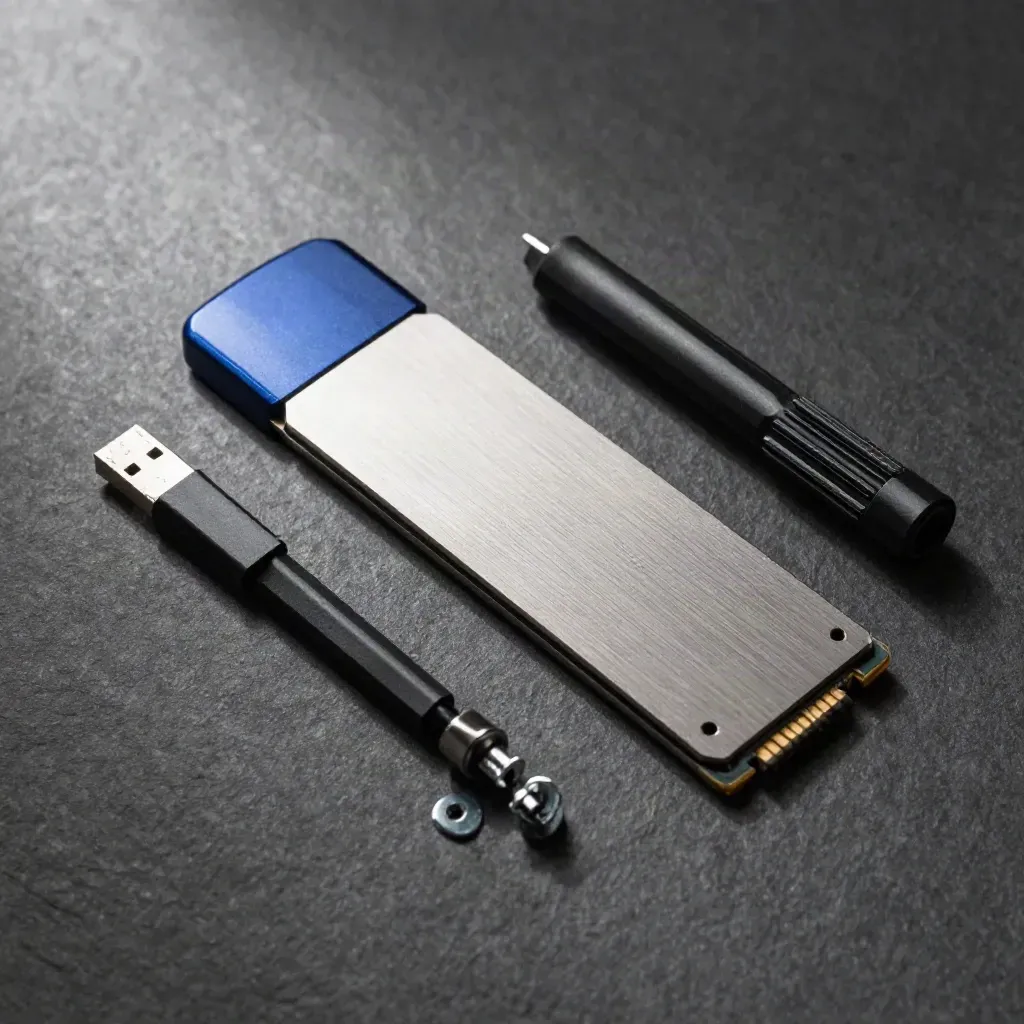 USB installer stick, NVMe SSD, Torx bit and screws on dark stone, overhead macro