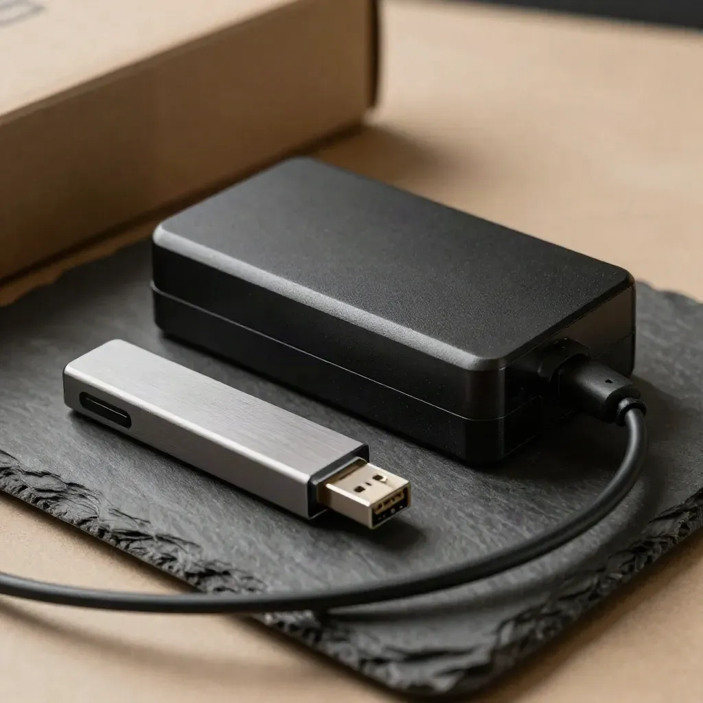 Close-up of a power brick, USB installer, Ethernet adapter and blurred cable loop on slate.