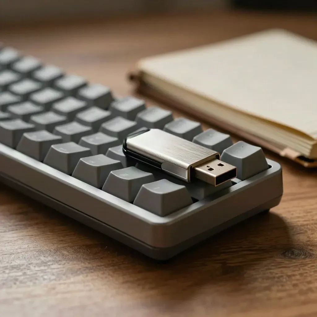 Macro of a compact keyboard, USB drive, and closed notebook on brushed wood